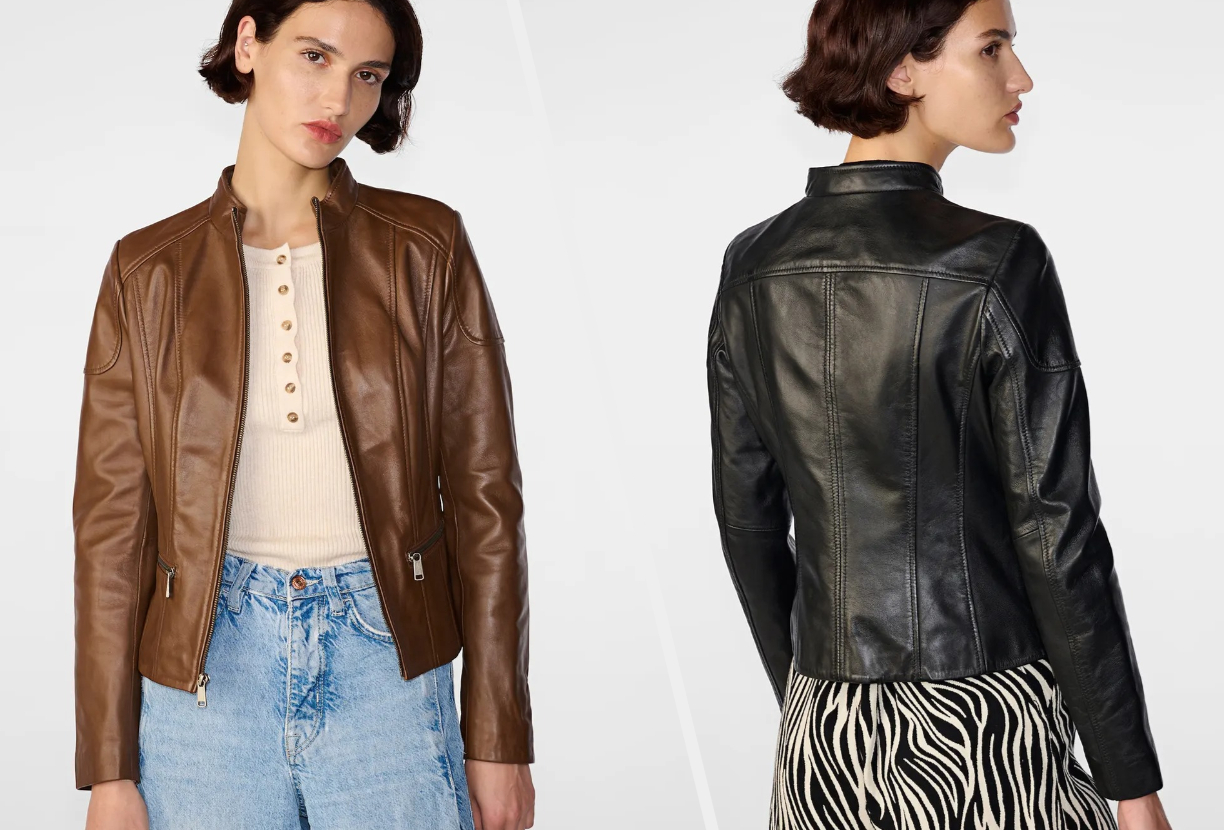 Two images of a model wearing brown and black jacket
