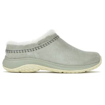 Grey slip-on footwear  with a cozy, fluffy lining and textured sole, suitable for casual wear. Brand sanction  