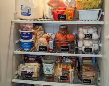 reviewers fridge organized with clear bins