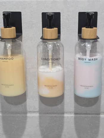 shampoo, conditioner, assemblage wash. Each vessel reads