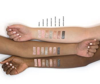 the eye shadows shown swatched on three different skintones