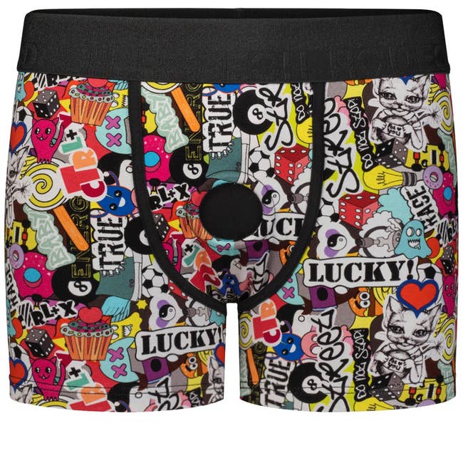Vibrant graphic print boxers with O-ring harness