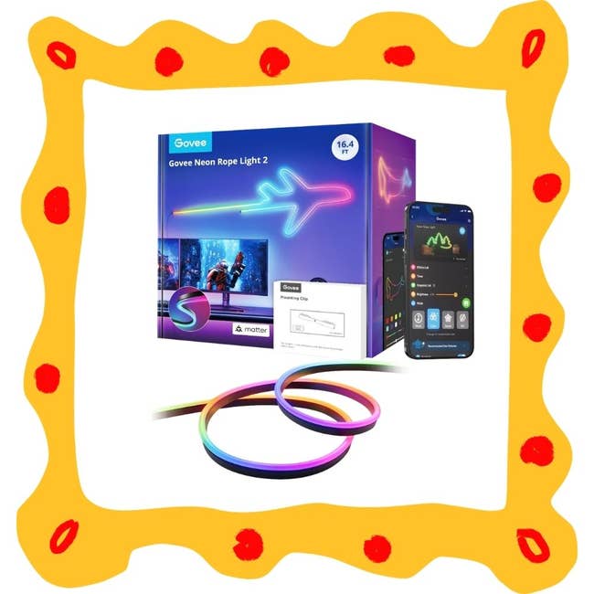 Govee Neon Rope Light 2 box with smartphone app display, showcasing colorful lighting features for home decor