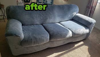 After picture of reviewer's couch with stretch cover on it