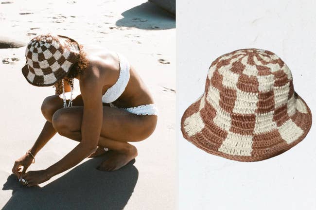 Model wearing brown and white checkered crochet bucket hat on the beach, close up of product on a white background