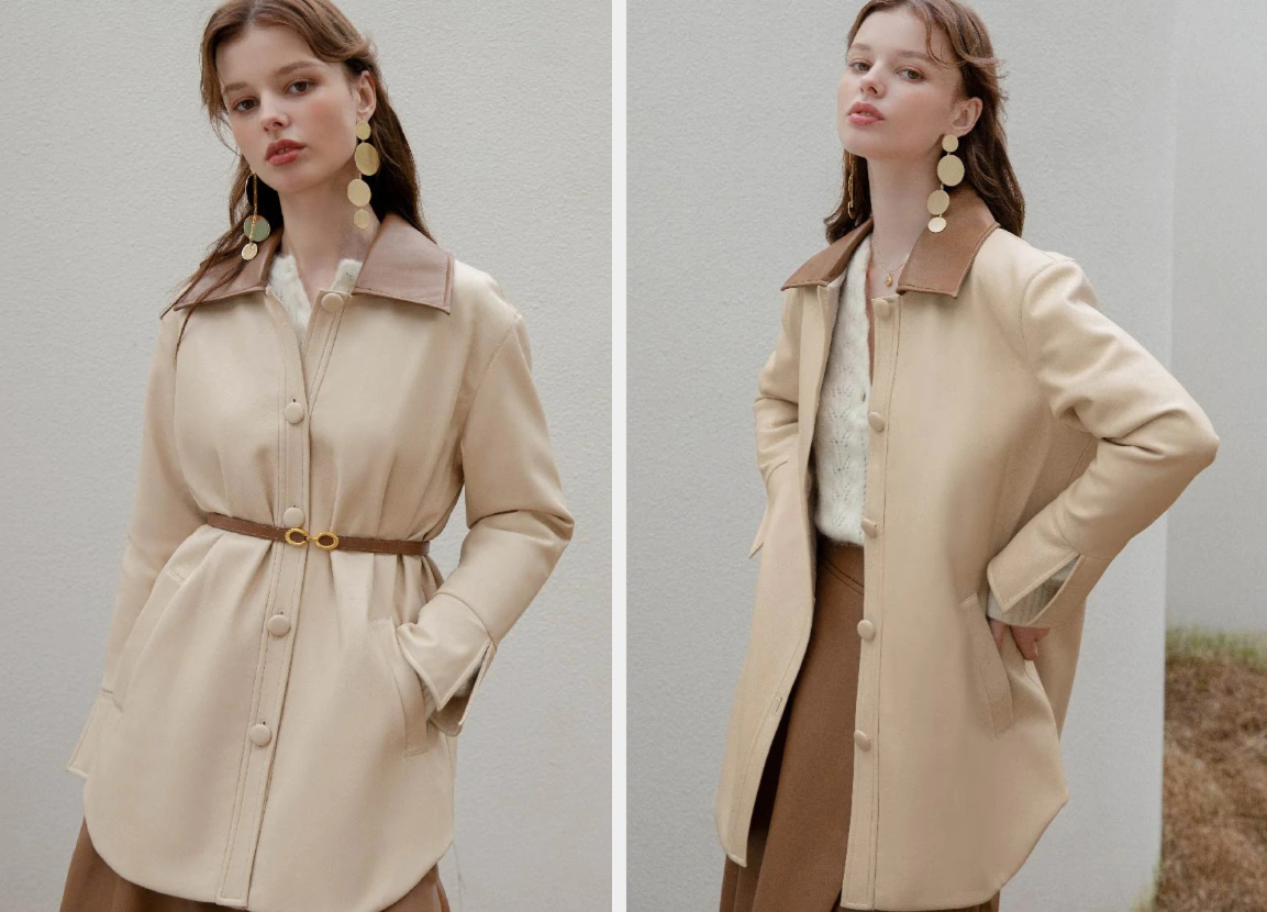 Two images of a model wearing the beige and brown jacket