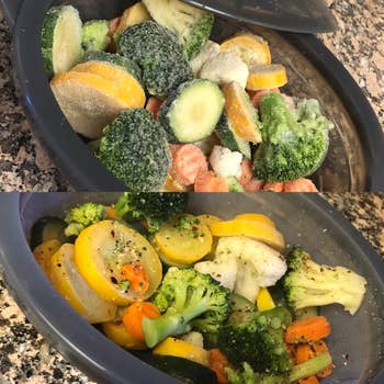 Before and after of frozen veggie medley that's been heated up and seasoned