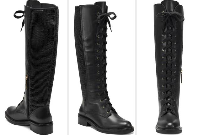 Three images of the black knee-high combat boots