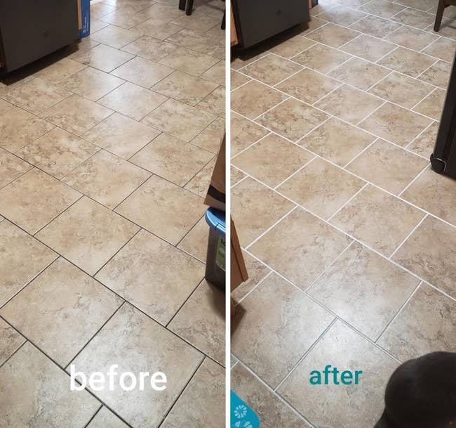 before/after of tile painted white using the pen