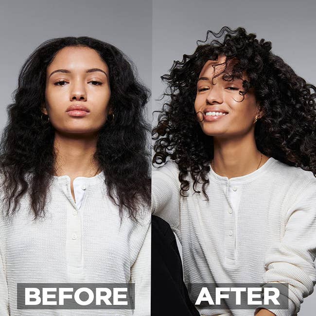 model before and after photo showing effects of the spray