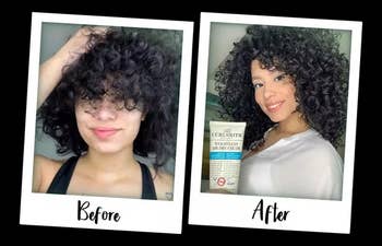 before and after of a model with frizzy curls and then defined curls
