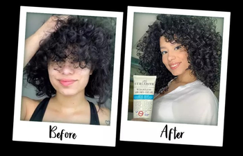 before and after of a model with frizzy curls and then defined curls