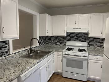 on right, same kitchen with new black and white peel-and-stick tiles in areas under white cabinets 