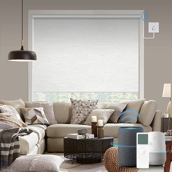 The shades in white and a display that shows they can be controlled via Alexa, Google Home, or an included remote