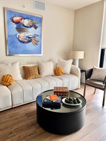 Modern living room with a textured beige sofa, decorative pillows, a round coffee table, and art of birds on the wall