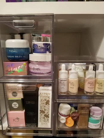 reviewers skincare and beauty products organized in clear bins