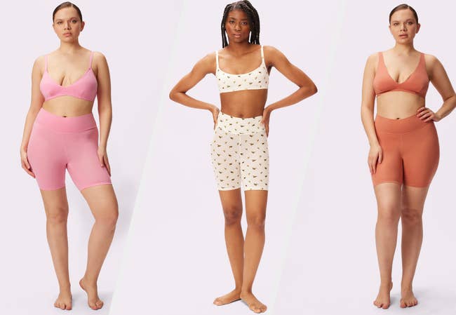 Three images of models wearing pink, white, and orange bike shorts