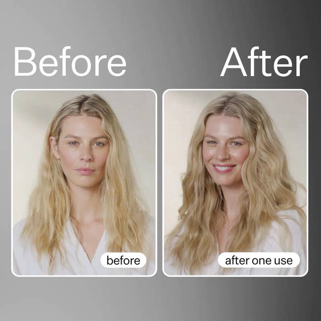 before image of model with dull and flat hair next to an after image of the same model with voluminous hair