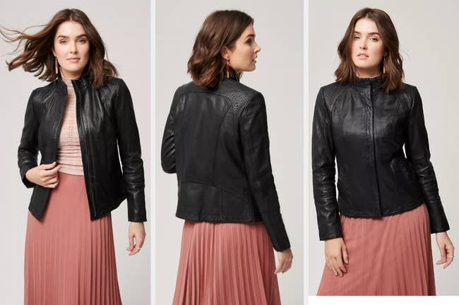 Three images of model wearing black jacket