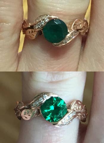 before/after of a green gemstone looking bright and vibrant after cleaning