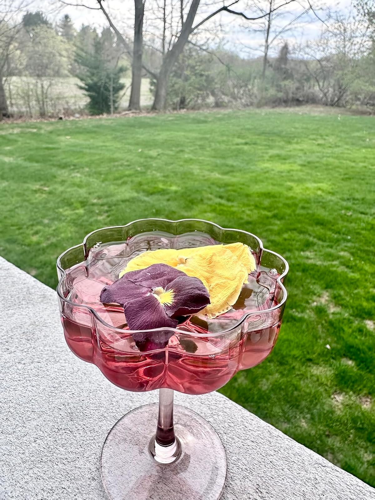 Decorative glass bowl with floral-shaped rim, holding a pink liquid and floating colorful flower petals, placed outdoors on a concrete surface