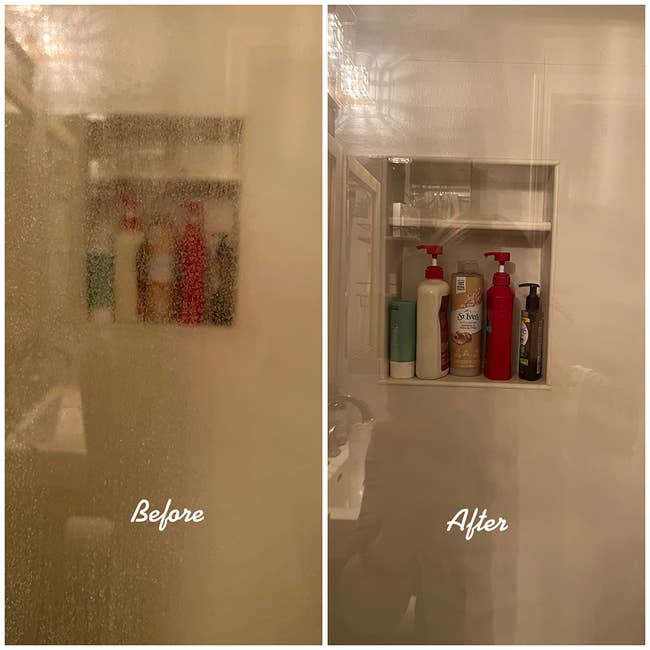 reviewer before and after photos showing a streaky, film-coated shower door next to the same door looking streak-free after being treated with the stain remover