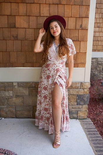 another reviewer wearing it in ivory pattern showing the slip feature