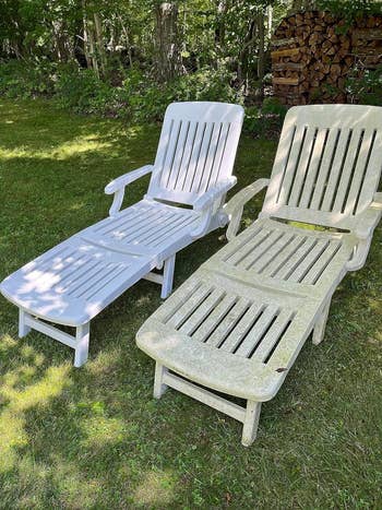 Two plastic lounge chairs, one clean and white, the other older and weathered, side by side on grass