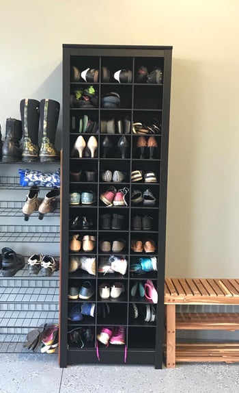 reviewer photo of tall shoe cubbie cabinet near entryway