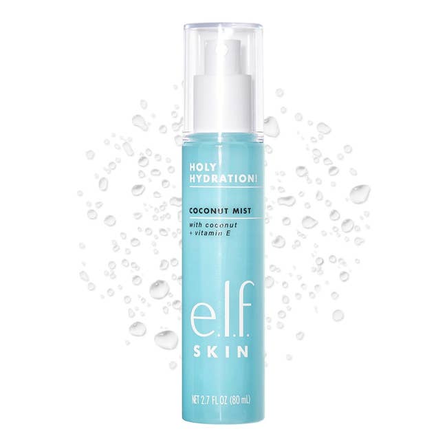 A vessel of e.l.f. Skin Holy Hydration Coconut Mist with droplets, highlighting its hydration diagnostic for tegument care