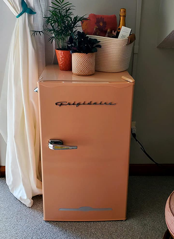 Reviewer image of pink mini fridge with silver handle and plants on top 