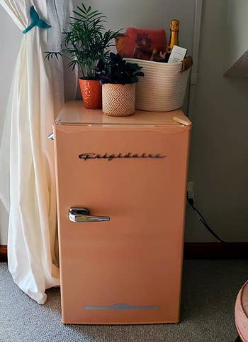 Reviewer image of pink mini fridge with silver handle and plants on top 