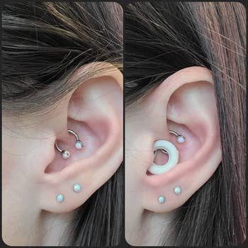 before and after of a reviewer with a tragus piercing wearing the white silicone earplugs