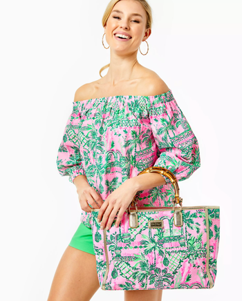 model holding the tote bag