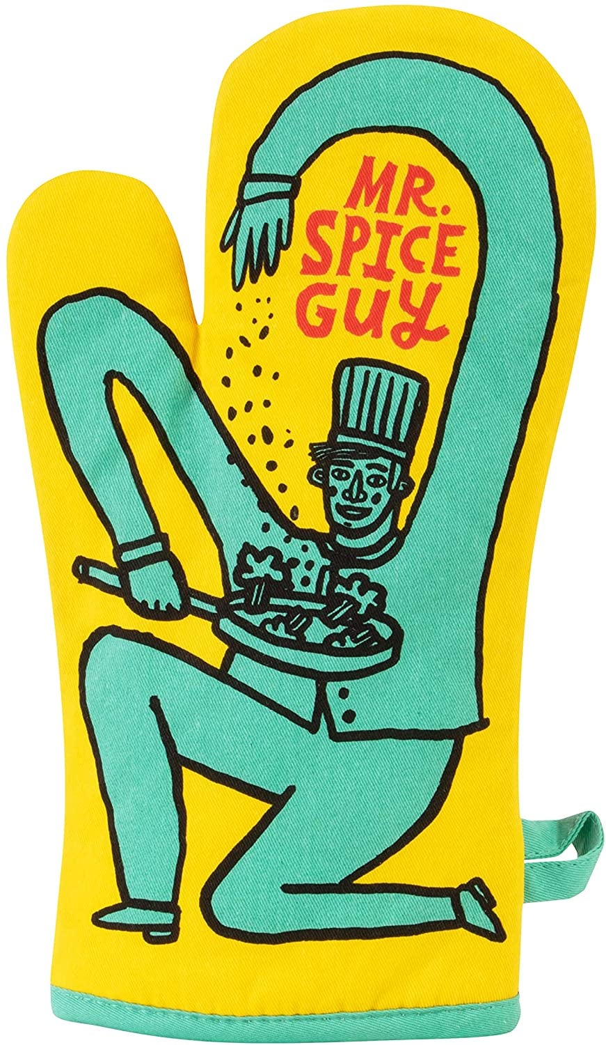 yellow oven mitt that reads "mr. spice guy"