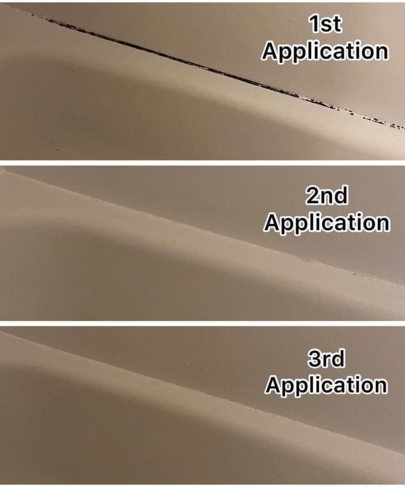 Progression photo showing dark mold and mildew on shower tile grout disappearing between three applications