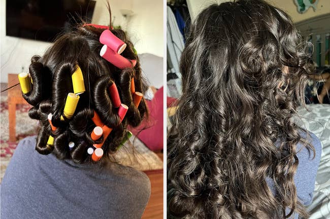 foam curling rods in a kid's hair, and an after pic of the beautiful curls left afterward