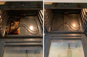 a photo of a reviewer's oven looking dirty on the left, and on the right the same oven looking clean after using the pink stuff
