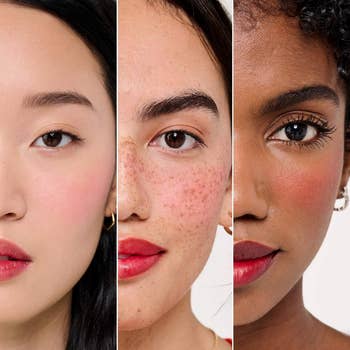 Close-up of 3  models with antithetic  tegument  tones, showcasing constitution  with blush and reddish  lipstick for a quality   merchandise  feature