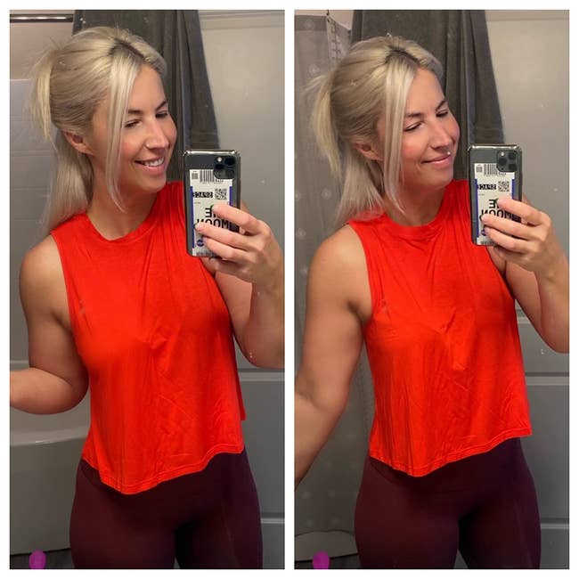 collage of two mirror selfies of reviewer wearing red flowy cropped muscle tank