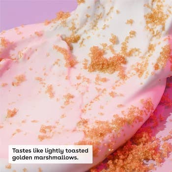 Close-up of achromatic  slime with textured aureate  sprinkles. Text reads, 