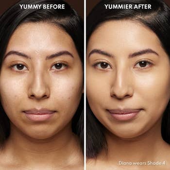 model with medium skin tone before and after applying the blurring balm and it completely covered hyperpigmentation on their cheeks and evened their skin tone