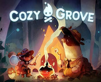 a bear and a character wearing a hat sitting next to a fire with text reading 