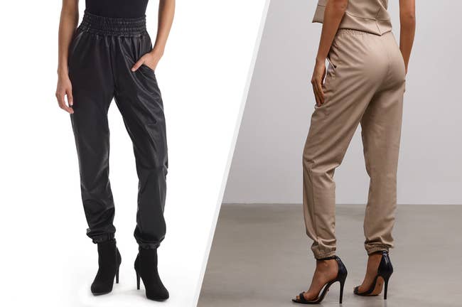 Two images of models wearing black and beige pants