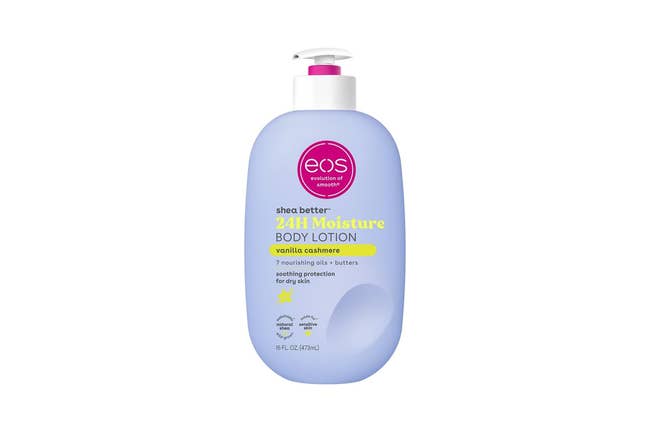 EOS Shea Better 24H Moisture Body Lotion with vanilla cashmere scent; features soothing protection for dry skin with 7 nourishing oils and butters