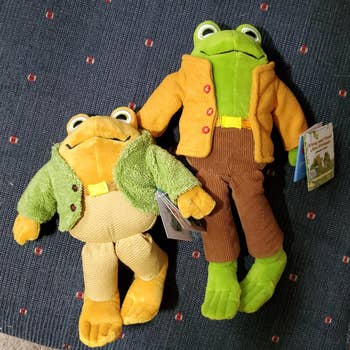 Two plush frog toys successful  corduroy pants and jackets