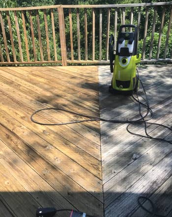 Reviewer image of a deck being washed with half of it looking gray and dull, and the other half cleaned