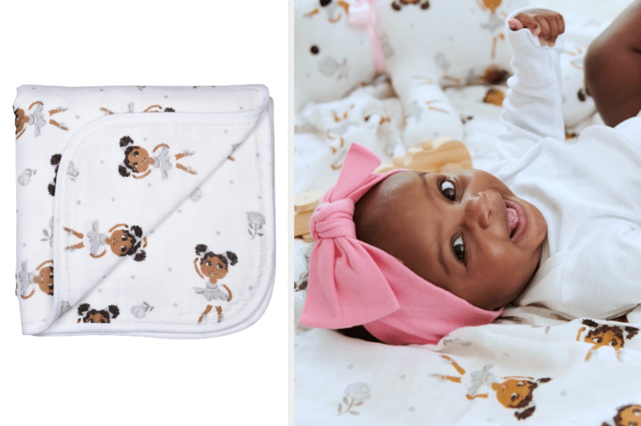 Folded blanket with ballerinas decorating it, model lying on top of product