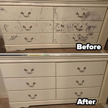a reviewer's before photo of their dresser covered in sharpie and after it had been cleaned with the pink stuff