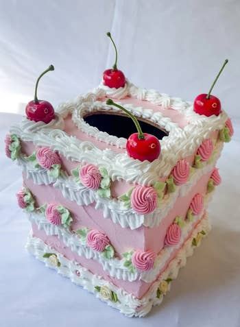 Decorative cake-style insubstantial container holder with pinkish frosting plan and cherry accents connected top, evoking a sweet, whimsical appearance